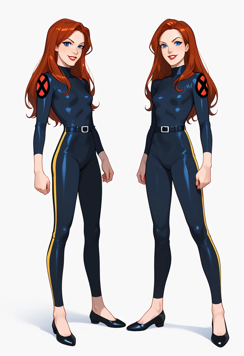 ((full body shot, standing, feet on the ground)) Rogue, ((character design sheet)), masterpiece, best quality, highly detailed, score_9, score_8_up, score_5_up, score_6_up, anime font,BREAK , 2girl, (classic x-men evolution red and black  uniform) long hair, blue eyes, small breasts, bow, looking at the viewer, freckles, parted lips, smile, full body, red lips, lips, leather ballet shoes, side and side front pose, she looks at you, fishnets, white background, neutral cast, dance pose
 