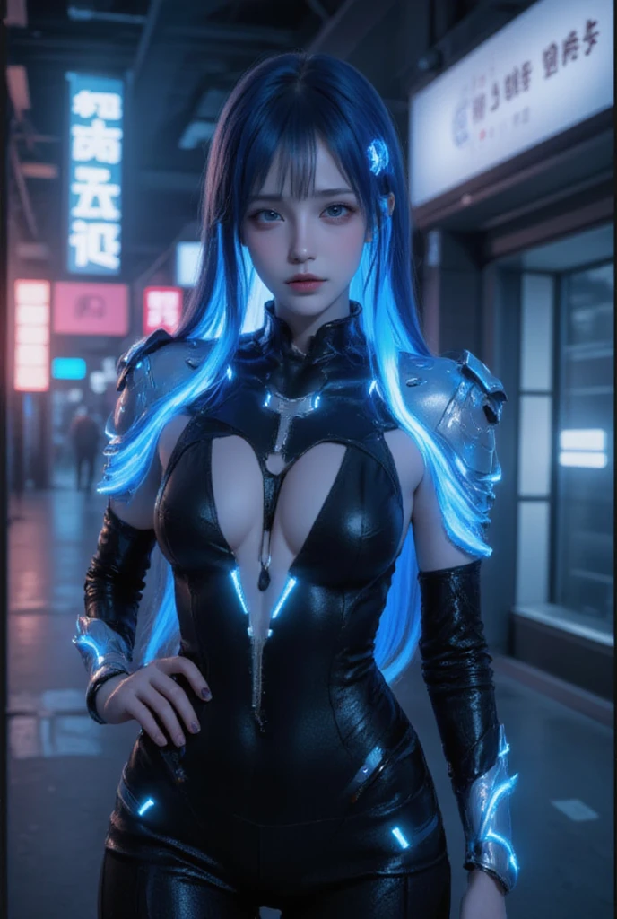 Best image quality, Masterpiece, Ultra-high resolution, (Fidelity:1.4), Photo, Movie, ((cyber punk perssonage)), fairy goth robot, Mila Kunis. girls are the future. cyber outfit, Futuristic, ((Award-winning ultra-realistic photos)),(Hyper-detailing),(Complicated details),(High resolution CGI artwork 8k),a girl in,Cyberpunk-city。Futuristic style,There are many colors and LED lights。The cityscape should be very detailed,depth of fields。Create depth with atmospheric lighting,wide wide shot。long silk blue dreadlocks, Use atmospheric and volumetric lighting to enhance cityscape detail。illuminated by neon lights, Pastel textured colored background, Colourful, vibrant