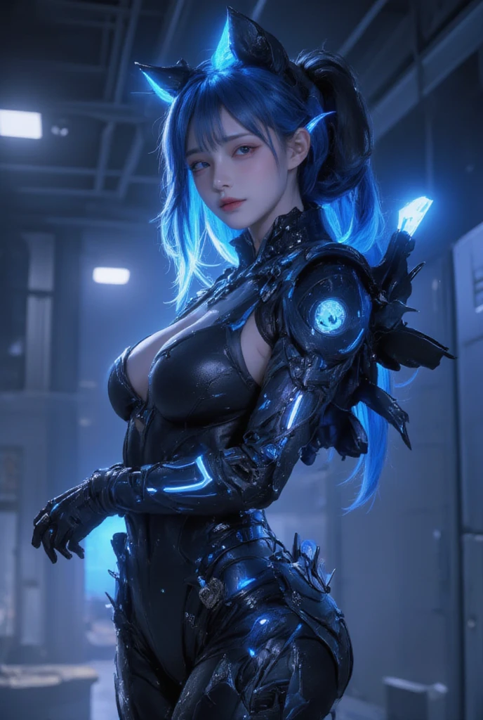 ((realistic)), ((best quality)), ((masterpiece)), (ultra details), 1girl, futuristic, cute face, k-pop idle IVE, messy hair, curly hair, wearing パワードスーツ、mechanical, wearing futuristic clothing, sexy posing, background cyber punk, background neon sign, steam punk, blue nipples, blue nipples, purple nipples, red nipples, yellow nipples, in spaceship