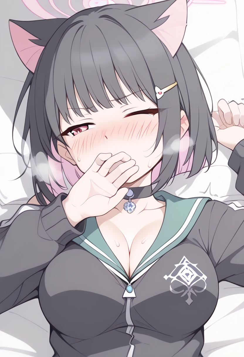 t1kosewad, sketch
1girl, kazusa \(blue archive\), red eyes, black hair, colored-inner hair, short hair, blunt bangs, hair clip, cat ears, choker, halo, black hoodie, long sleeves, green sailor collar, pink neckerchief, (medium breasts:1.2), 
(sweating:1.2),(steam),(heavy breathing:1.2), both hands over own mouth, detiall fingers  (trembling body:1.4),,(cry:0.4),from above,shoulder,cleavage,dark,backlighting, 
shoulder focus,breasts focus,greasy breasts,breasts focus, shoulder focus,pov,upper body,(lying on bed:1.3), on back ,
(Nose Blush:1,2), (embarrassed:1.2), Look away, closed eyes, nose blush, twitching, troubled eyebrows, ((orgasm, ecstasy)), heavy breath, sweat,