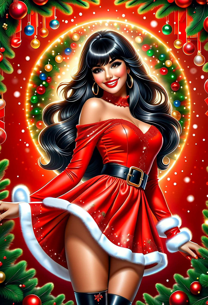 Best quality, acrylic illustration in realistic style, a brazilian beautiful woman with black straight long hair and bangs, make up, lashes, smiling, she is wearing santa claus red mini dress, belt, red leather gloves, shine pantyhose, over-the-knees black boots, your hands is on waist, in christmas decorated florest background