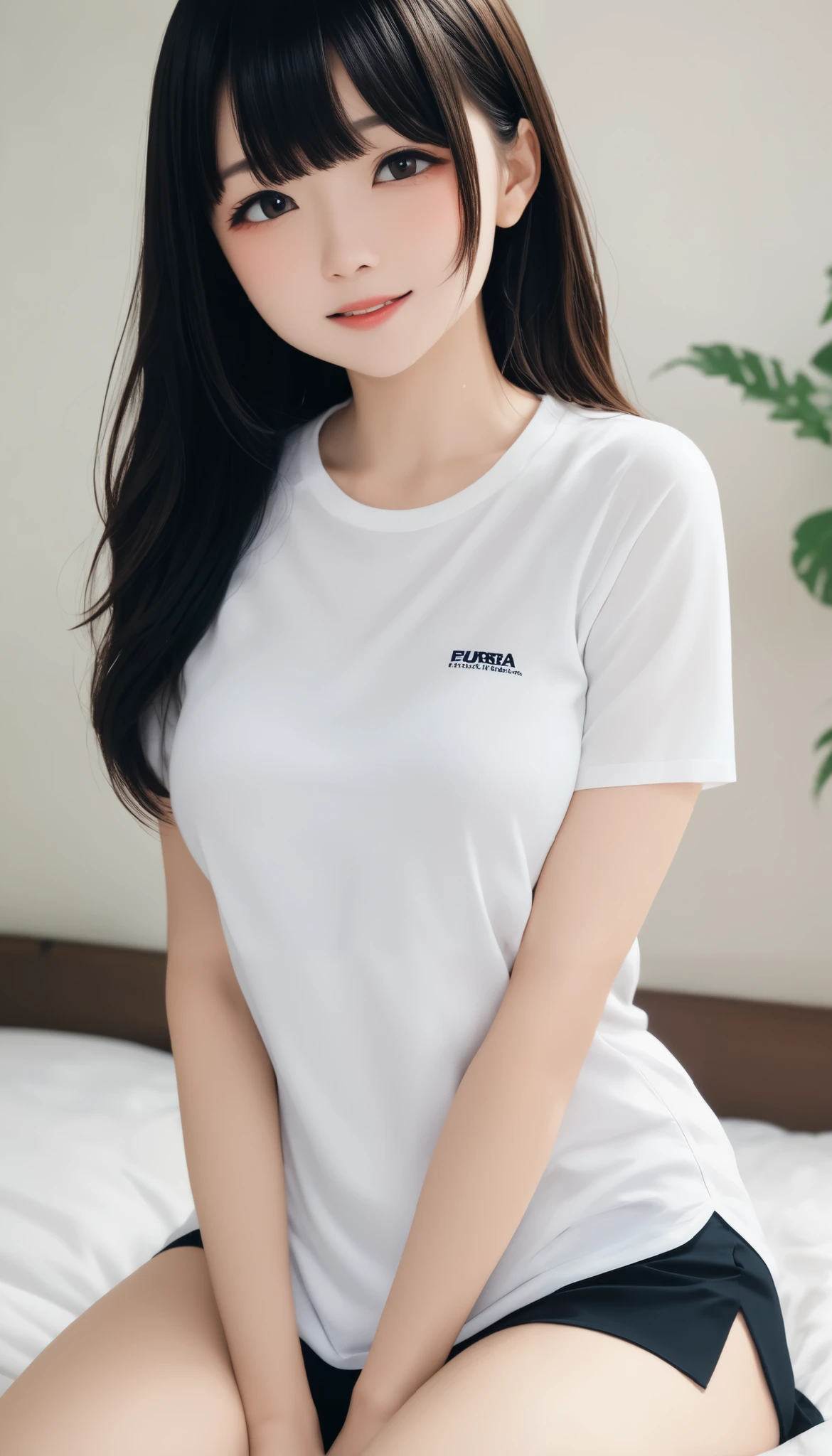  Perfect Anatomy、 dark-haired girl、very long straight black hair  、  white skin、bangs、非常に短いbangs、 絹のようなスムーズな長い長さの白いT shirt、両手を上げてsideを見せる、side、 (Up to the thighs),  medium breasts , 白 shirt, PrintＴ shirt