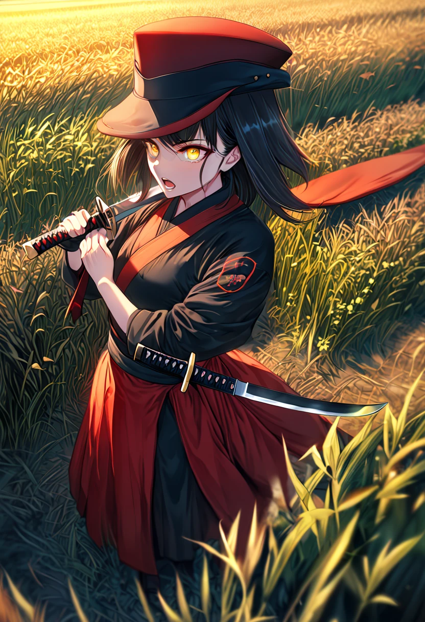 masterpiece,  best quality, 1 woman, Alone, IncrsUnsheathingAKatanaMeme, sheath, holding sheath, scarlet \(Moment \), hat, yellow eyes, knife, Katana, Field,  standing ,  with their hands , opening lips