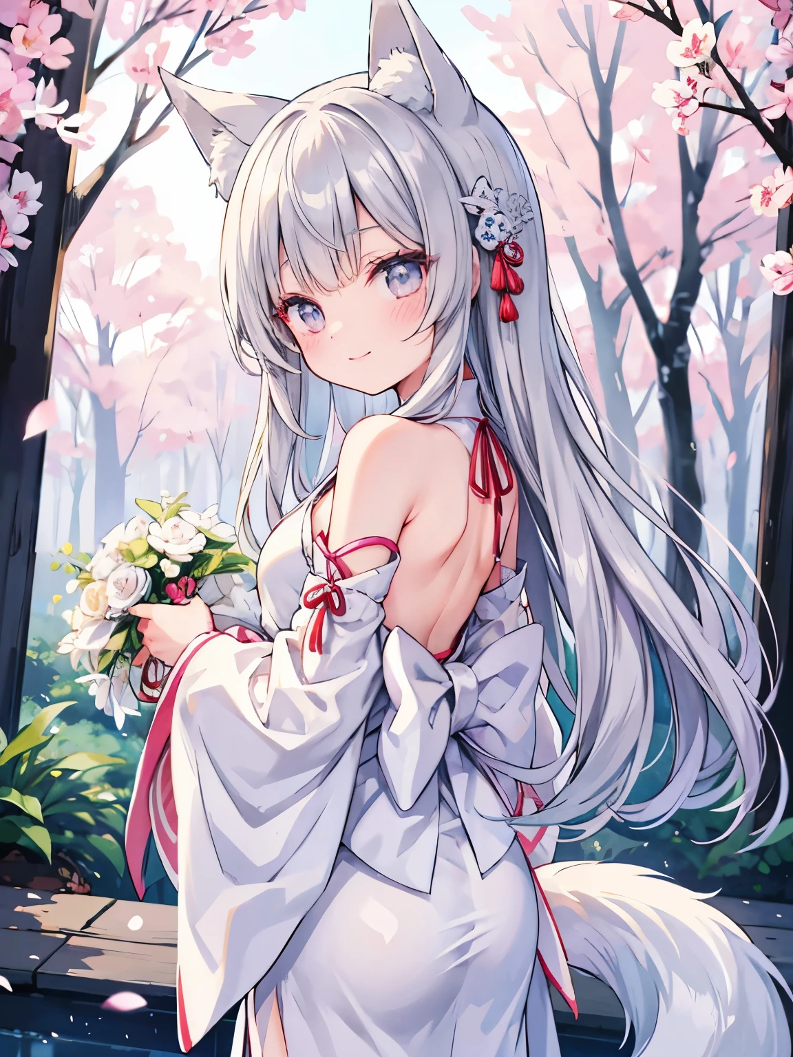 Edo、Japanese style wedding dress 、  One Girl  、smile、 White Fox Ears、 Foxtail 、  long gray hair 、 colorful eyes 、  long silk lace back、 middle of chest、  viewers of the pin、  seen from the front 