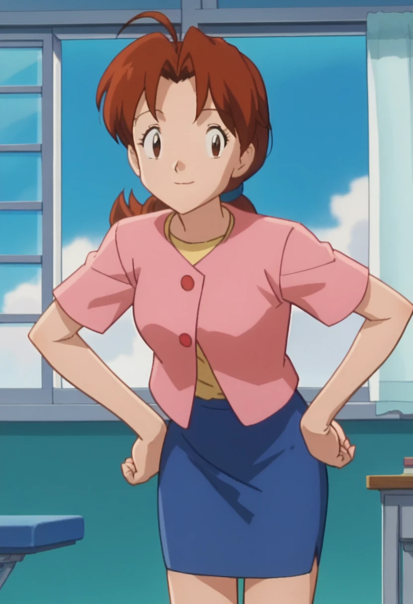 score_9, score_8_up, score_7_up, score_6_up, anime screencap, anime coloring, PMDeliaK, 1girl, solo, brown hair, ponytail, ahoge, long hair, parted bangs, brown eyes, hair tie,
pink jacket, short sleeves, blue skirt, pencil skirt, 
leaning forward, looking at viewer, light smile, hands on own hip, closed mouth, 
BREAK, indoors, blue sky, sunbeam, window,