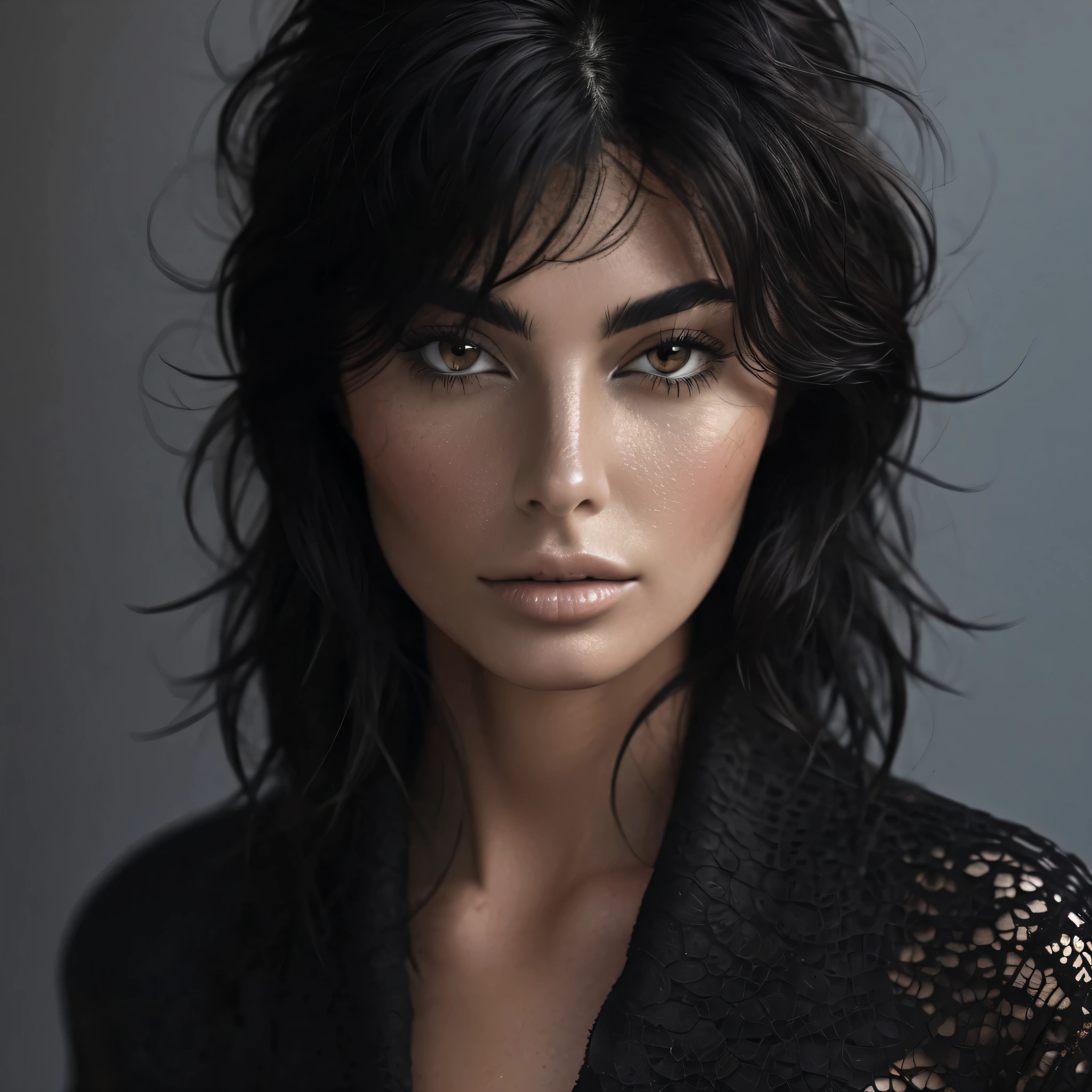  ultra textured skin ,  brunette with black hair , face looking at the camera full face 