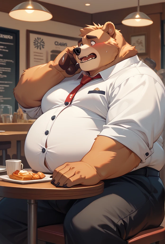 Furry bear, obese, huge belly, obese, chubby cheeks, black trousers, white shirt, tight clothes, button pop, embarrassed, sitting at a table in a restaurant 