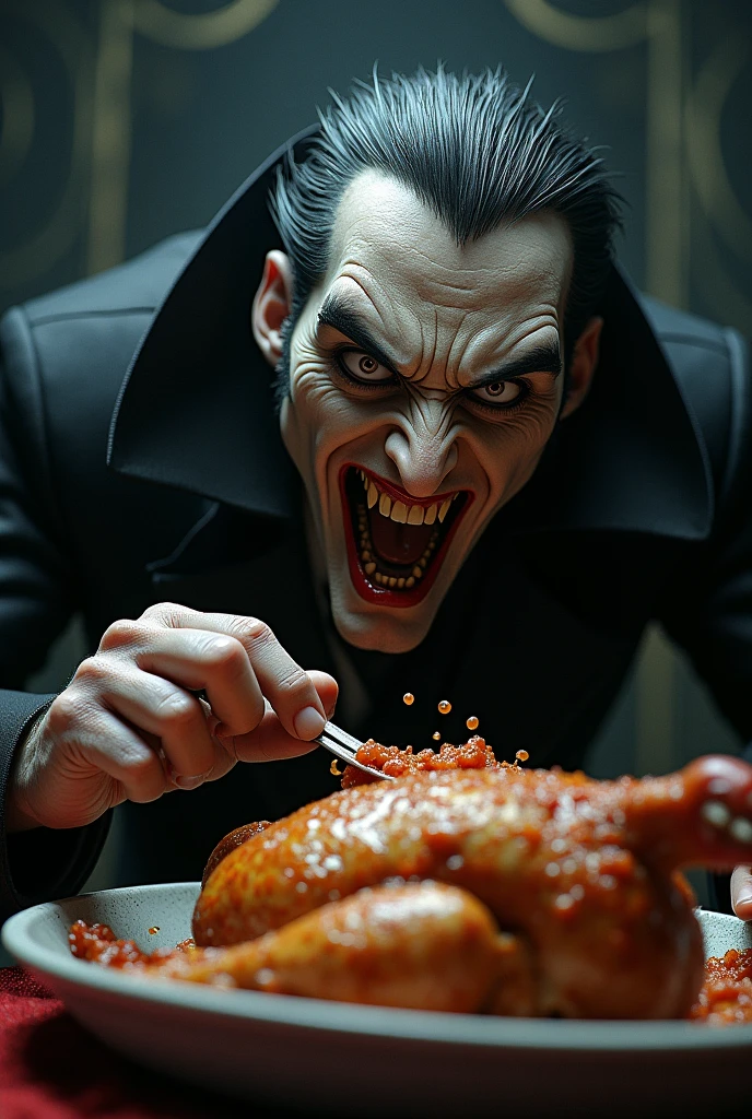 Draw a vampire tasting tomato sauce with sauce all over his mouth, only his face shown, in a dark city