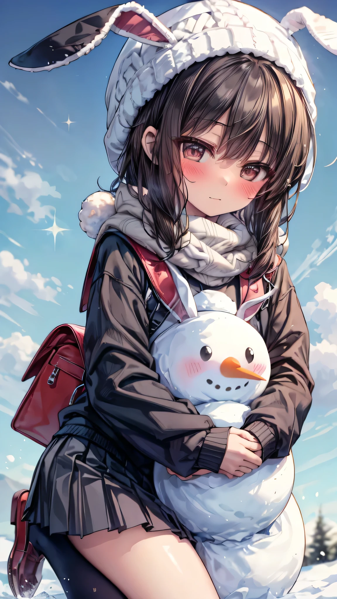 ((masterpiece, sidelighting, finely detailed beautiful eyes: 1.2)), (anatomically collect:1.3), Extremely cute, (extremely detailed beautiful face), (Authentic skin texture:1.4), (outdoor, winter, snowy landscape, park:1.2), (1 lower elementary school student toddler girl:1.8), (Loli:1.8), (small stature, petite body:1.8), (flat chest), (short black hair), (glasses:1.3), (duffel coat, woolen scarf, Woolly hat with rabbit ears:1.4), (tights, loafer:1.2), (blush cheek:1.4), (shy, happy), (face focus:1.2), (kneeling, hugging a large snowman:1.5), carrying randoseru backpack, (steam)