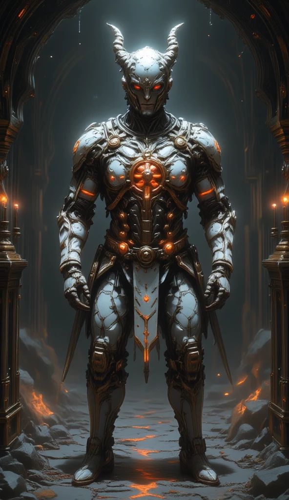  is possessed by a demon, a holy knight commander.A full-body image of an adult male . muscular body .Wear white gold holy knight armor. Eyes Deep Red . standing inside a mysterious black and red church.Bold composition 