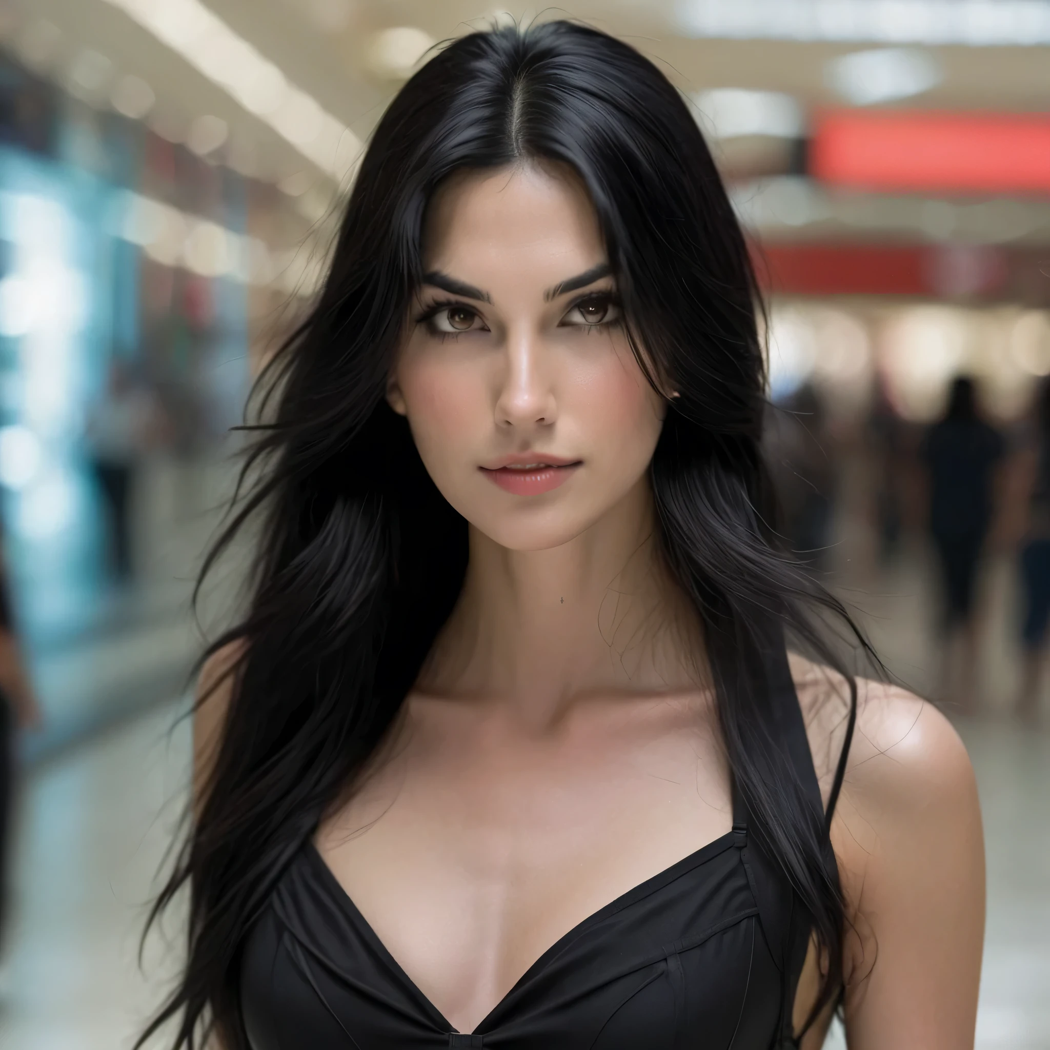 long black hair, One, clavicle, underwear,  closed mouth , mall , hips,  ulybka, skin,  long hair ,   Cleavage