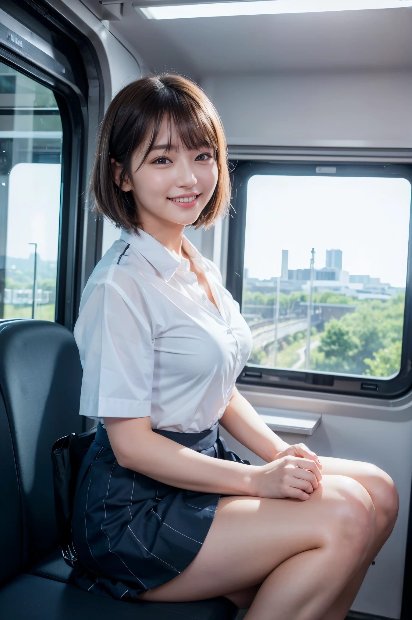 highest quality, masterpiece, Ultra-high resolution, (Reality: 1.4), Original photo, One girl, mature, White JK Uniform, happy smile, short hair, large chest , plump body, button gap:1.35, sitting on seat in train, open legs:1.5, Cinema Lighting, Landscape sheet, The view from the train window