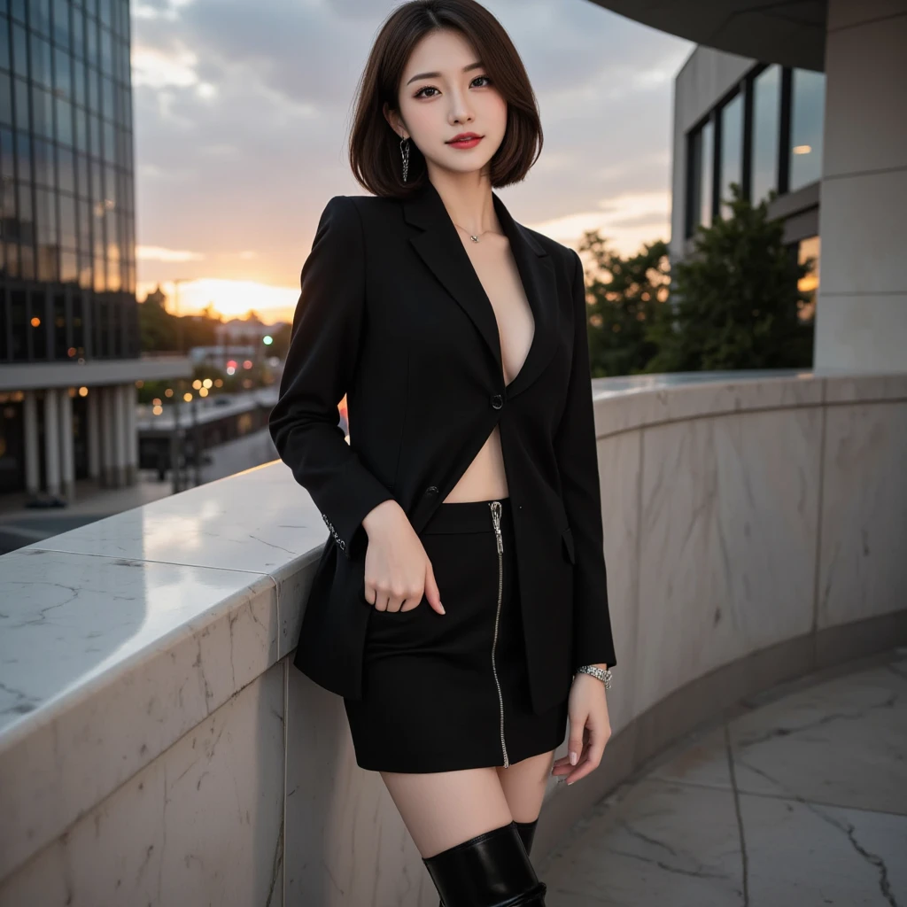 ((8k:1.27), best quality, masterpiece, golden ratio, ultra highres:1.2) Photo of cute idol girl
(beautiful:1.1) (sci-fi warrior woman:1.1), cute japanese girl, 20 years old, fantasy, detailed, office photography, nikon camera, depth of field, random hair, random hair color, medium hair, solo girl, 1 girl, white skin, big breast: 1.5, rounded breast, full body photography, chubby body, sexy black formal suit, black mini skirt, black high heels, round glasses