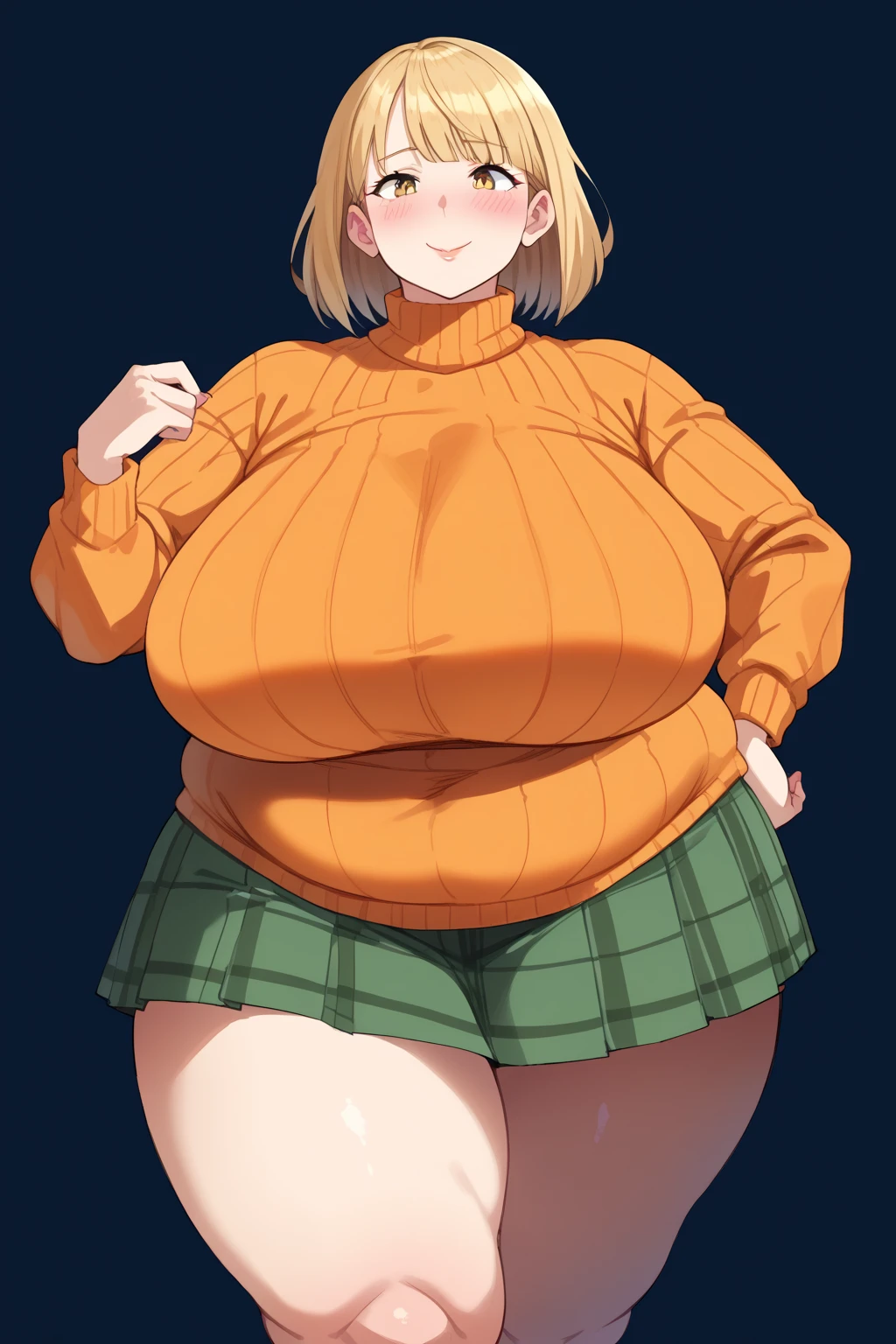 Ashley Graham , ashley graham,　 shortcuts,　 orange sweater ,  miniskirt, 緑色のチェック柄のスカート,  Long Sleeve ,  yellow eyes, Thighs,  Golden Hair ,  score_9,   score_8_up,   score_7_up,   score_6_up,   score_5_up,   score_4_up,     Masterpiece  ,   top quality,   Very Aesthetic ,   absurd,   source_Anime, Anime screencap,   one woman , Alone,  personal  ,  Super huge breasts, ((( super huge clevis, Super huge , Super huge boob))), Curvy,  chubby, Mature Woman,  obese body type, blush,  troubled expression,  belly fat sticking out of clothes,　 sloppy stomach , A woman wearing a skirt 