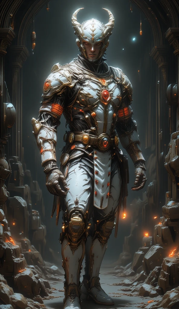  is possessed by a demon, a holy knight commander.A full-body image of an adult male . muscular body .Wear white gold holy knight armor. Eyes Deep Red . standing inside a mysterious black and red church.Bold composition 