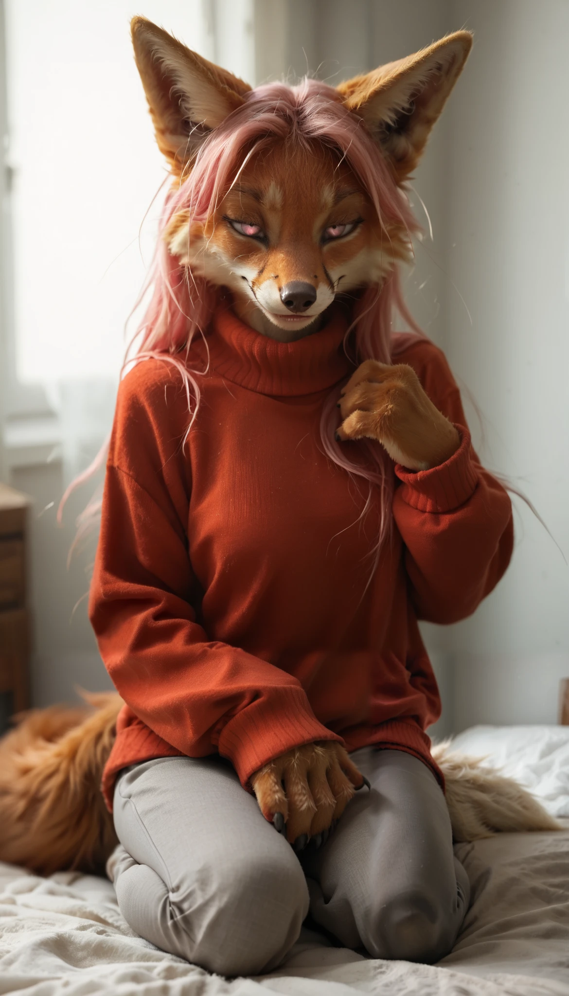 (zPDXL2), (PonyXLV6_Scores), rating_explicit, Expressiveh, full body shot, BREAK
lhata4564, d3t41l3d,
1girl, solo, anthro, furry, fox girl, fur, fluffy fur, fox tail, furry hands, (19 years), (cute grin), pink long hair, pink eyes, red sweater, grey leggings, half-closed eyes, tired eyes, seductive smile, looking with seduction, sweater lift, white bra, (bedroom), sunset