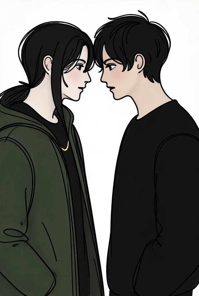 an image of a long-haired ,  dark-haired boy wearing a green parka and black shirt with a not so thick gold chain , looking in love at another boy with a black sweatshirt and short hair 