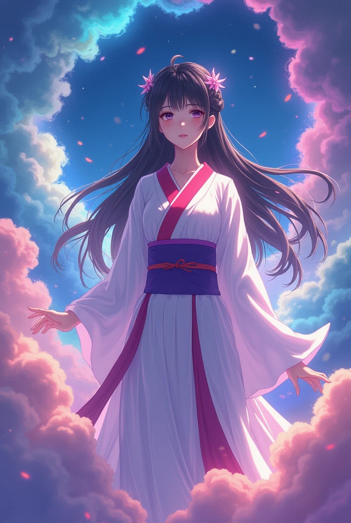  Japan's Kirishima Mountain Goddess ,  the greatest beauty in the anime world ,  Long Black Hair Updo , (Beautiful thin eyes), Mid-chest, Luminescent white kimono with red collar, The obi is a purple color ,  Vivid Seven Colored Clouds ,  Vivid Light Emitting from Within the Clouds,  fantasy, colorful clouds, Light hits the goddess's body and emits light,  It's brightly colored ,  fantasy, whole body,  best quality,  high image quality, masterpiece, 8K wallpaper,  high definition ,  Detailed Anime Art ,  fantasyアート,