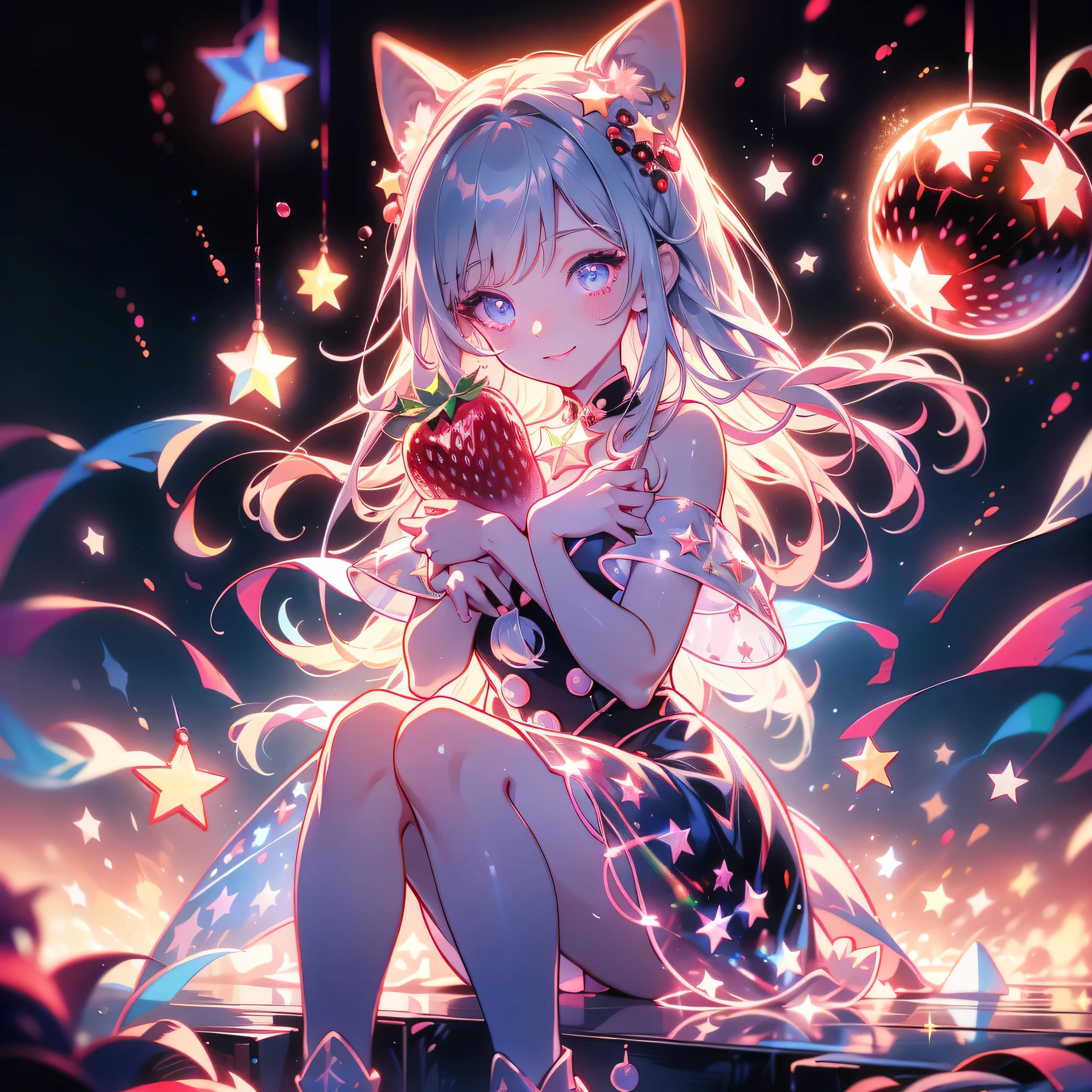  chibi、cuteStarの妖精、cute、 pretty face、（ beautiful eyes、 detailed eyes on board）、（ best detail、The best configuration、 Perfect Anatomy）、Full body front、Front、 sitting with the best smile facing the viewer、 One Girl , best quality、masterpiece、official art、 super detailed、 very beautiful 、 Santa Claus fairy 、Gray Hair、 straight long hair 、 Milky Way、 universe、Star charm、Star、、 long boots, magic circle、houndstooth、smile、Magenta Neon Light、Hope and expectation、 Santa Claus、 Christmas、🎅、  Santa Claus costume 、red and white goth costume 、 sheepskin boots、Star、流Star群、universe、 neon lights enhance cuteness、dynamic、Red and green neon color background 、🍓、strawberry、strawberry