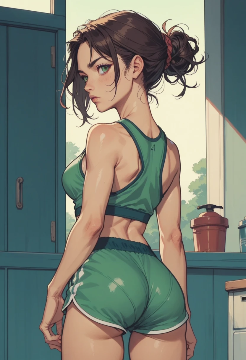 score_9, score_8_up, score_7_up, anime screencap, solo,1girl,sawaizumichiyu, sportswear, shorts, green shorts, collarbone, sleeveless, cowboy shot,medium breasts,looking at viewer,ass,from behind