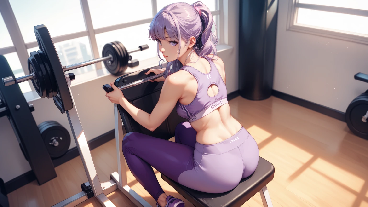 rating_safe, score_9, score_8_up, score_7_up, source_anime, masterpiece, best quality, solo, 1girl, (she is wearing pastel purple sports bra, sports leggings),  (she sitting on the chair, looking back, view from above), on the gym