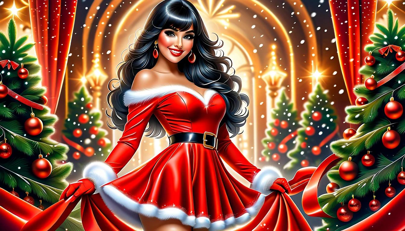 Best quality, acrylic illustration in realistic style, a brazilian beautiful woman with black straight long hair and bangs, make up, lashes, smiling, she is wearing santa claus red mini dress, belt, red leather gloves, shine pantyhose, over-the-knees black boots, your hands is on waist, in christmas decorated florest background