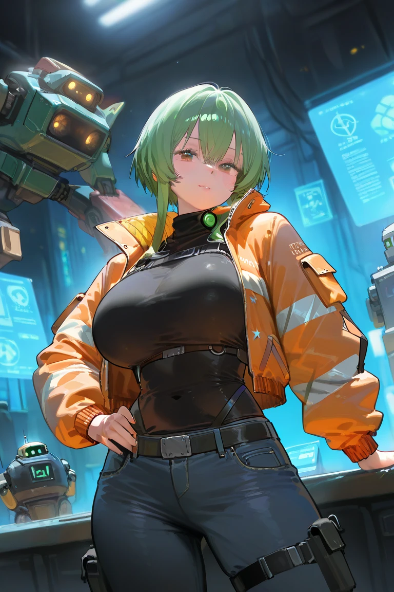 1 girl,  engineer draws,  big breasts,  big booty ,  Wearing a warm jacket, pants, be in the workshop, robots , cyberpunk environment. 