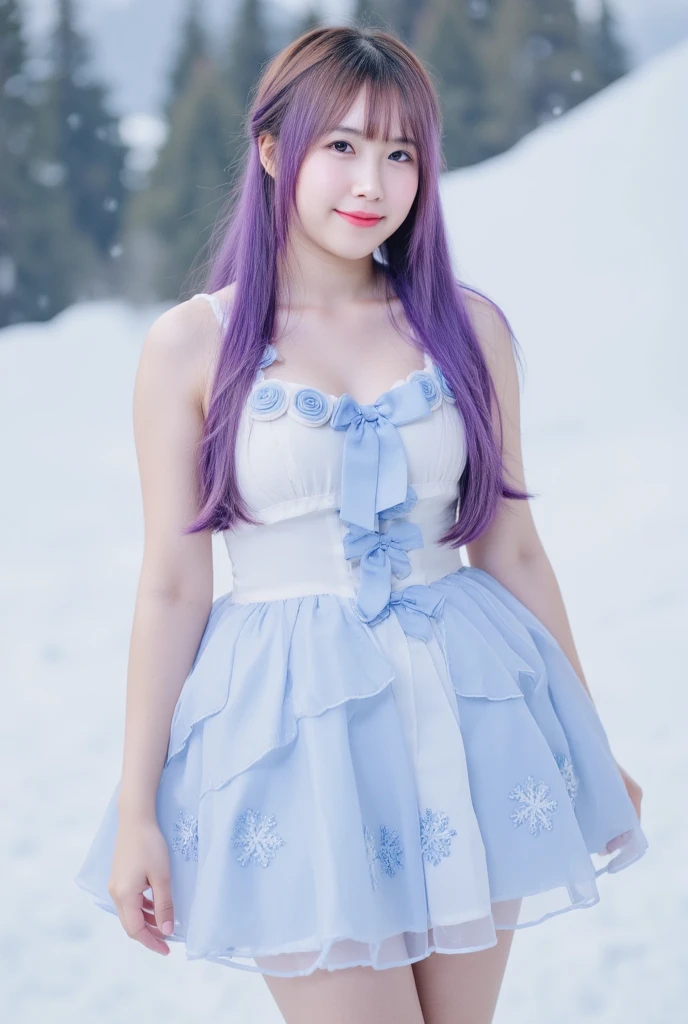 smiling, *********, japan girl, two-tone Hairstyle, very long hair, purple hair, medium breasts, pinkish-white shiny Skin, dress with snowflakes, snow ice, Cold weather, full body, Standing, full body