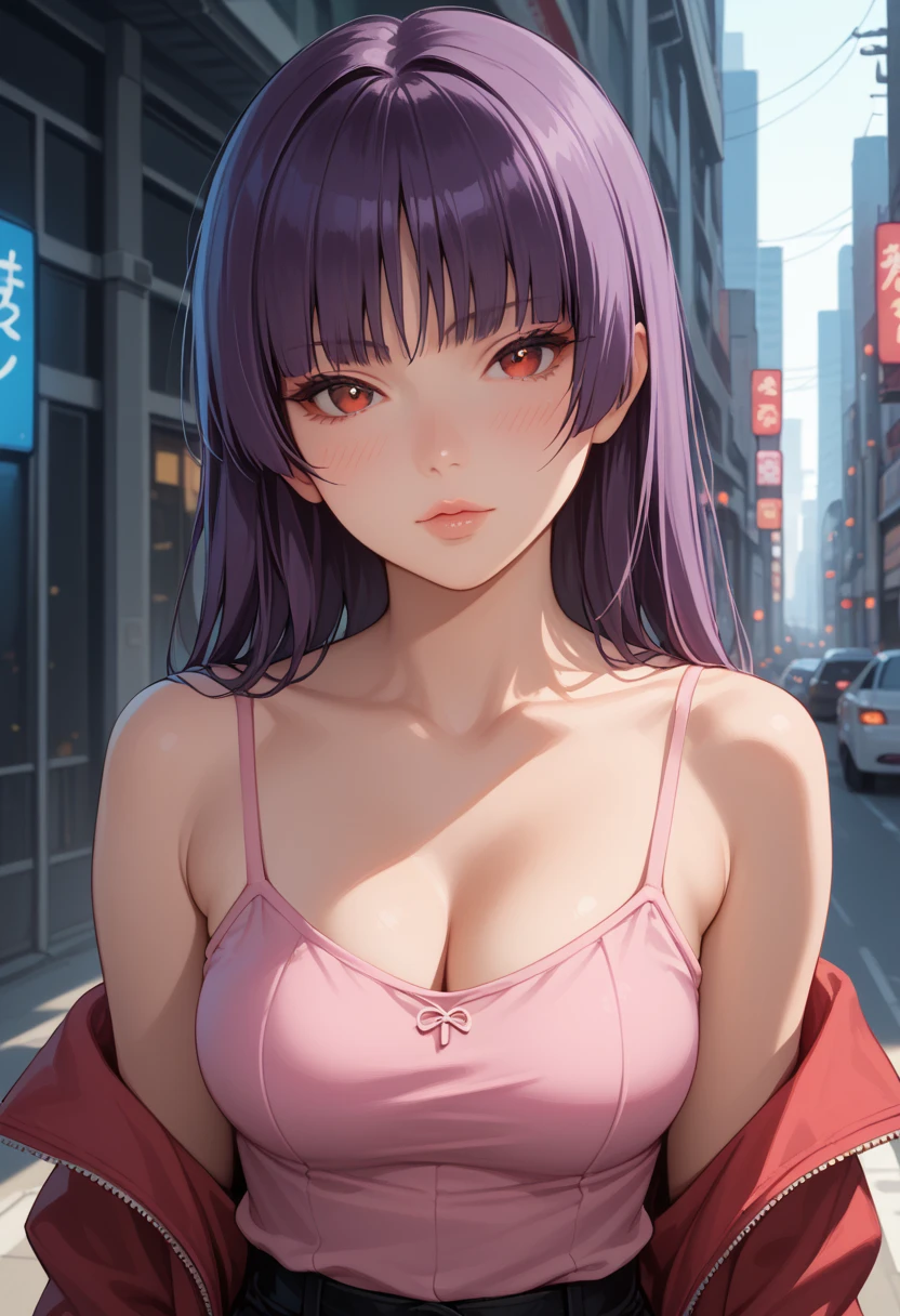 Score_9, score_8_up, score_7_up, score_6_up, source_anime, rating:general, 1girl, upper body, sabrina pokemon, purple hair, long hair, hime cut, stunning red eyes, pale skin, blush, perfect lips, sultry look, looking at viewer, pink camisole, tight shorts, medium sized breasts, exposed shoulders, cleavage, neon city background, solo, 8k quality, vivid colors, perfect shadowing, perfect lighting, cowboy shot, looking at viewer, head tilt