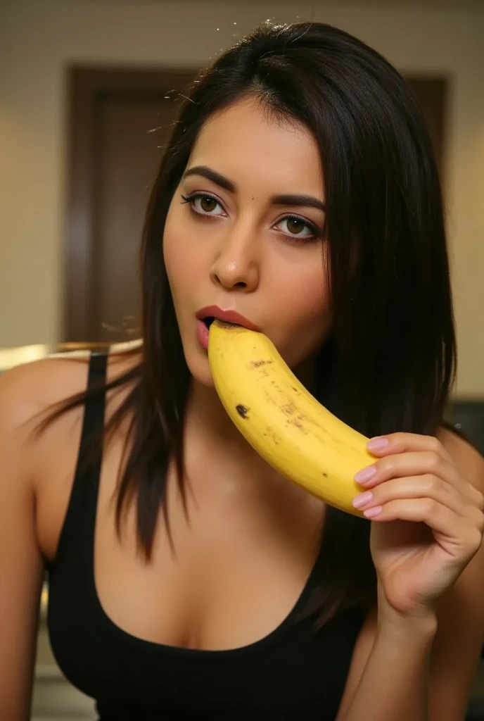 A woman eating a large banana wearing tank top, detailed facial features, beautiful eyes, lush lips, photorealistic, high resolution, 8k, hyperdetailed, studio lighting, dramatic chiaroscuro, cinematic, moody lighting, dramatic shadows, rich colors, vibrant, oil painting, masterpiece, intricate details, hyperrealistic