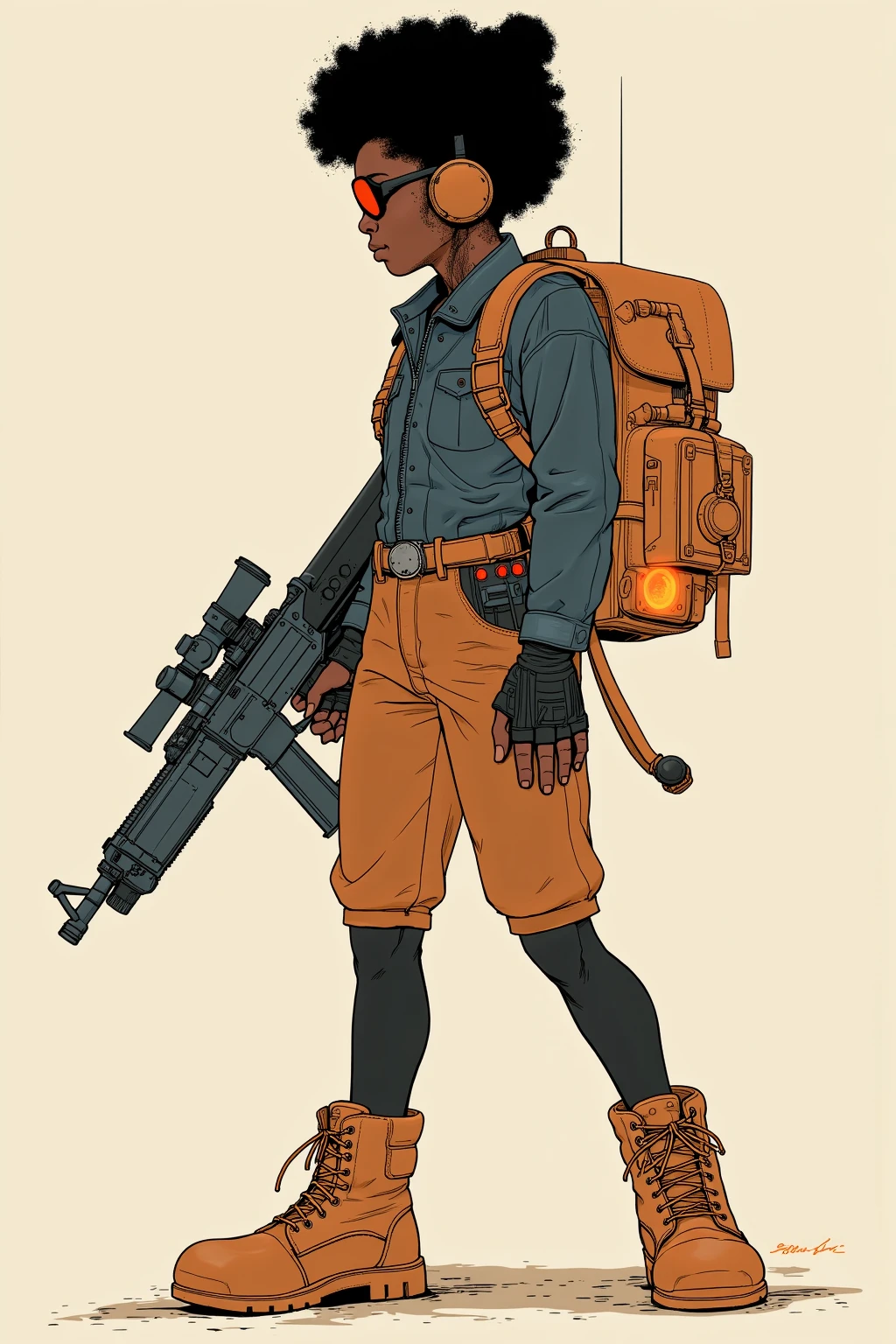   picture of a girl with a backpack and a gun,  Afrofuturism  anime, afro samurai style,   afro samurai anime style  ,  Gwydes-style work  , Sachin Ten,  Afrofuturism ,  Afrofuturism ,   afro samurai anime style  ,  