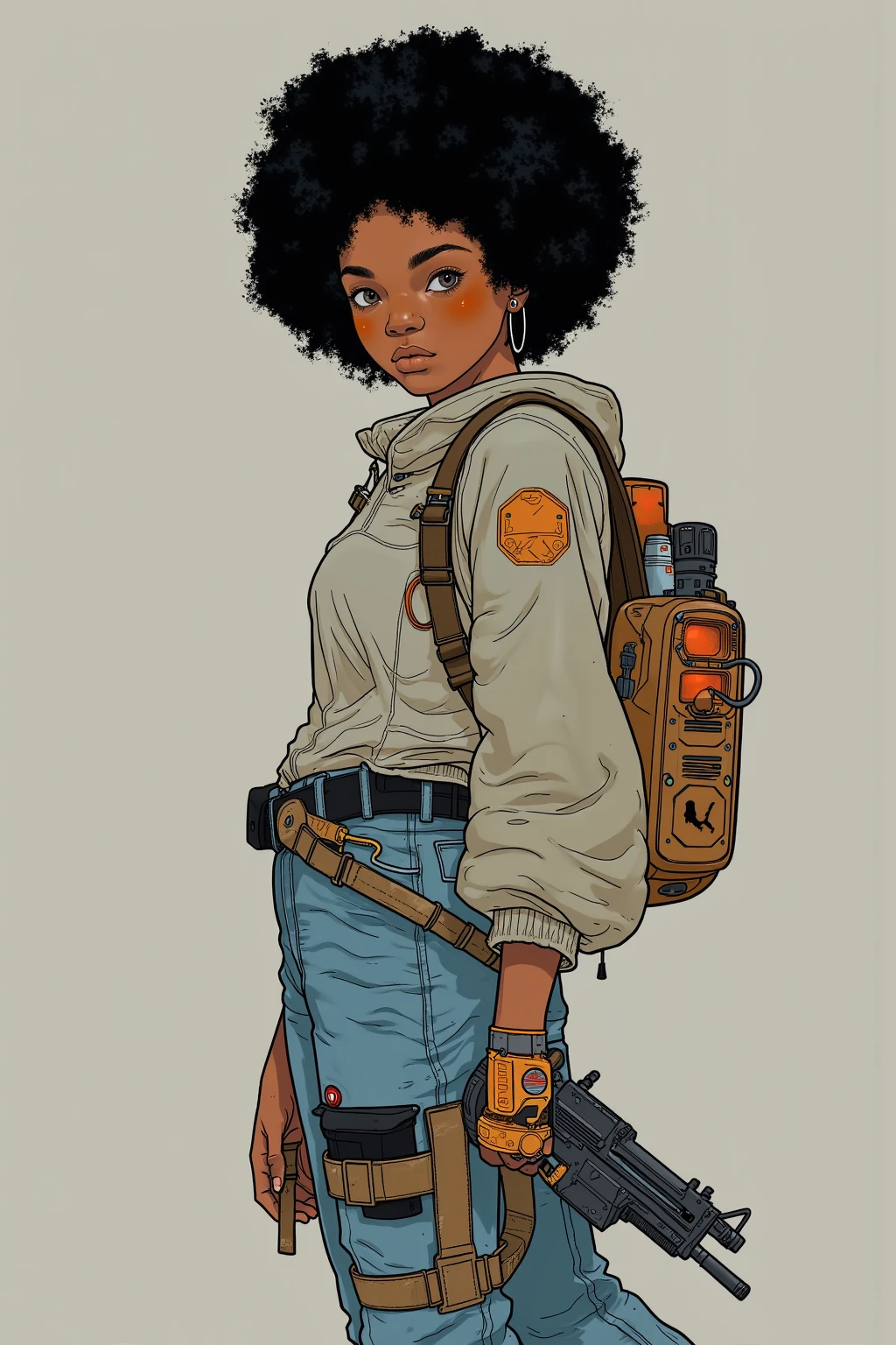   picture of a girl with a backpack and a gun,  Afrofuturism  anime, afro samurai style,   afro samurai anime style  ,  Gwydes-style work  , Sachin Ten,  Afrofuturism ,  Afrofuturism ,   afro samurai anime style  ,  