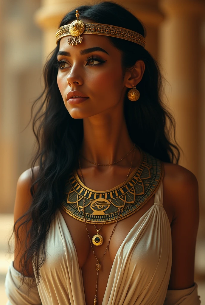 The goddess of wisdom in ancient Egypt, wearing a robe that shows her femininity and strength, sharp facial features, beautiful, kohl-rimmed eyes, wearing a gold chain with the Eye of Horus.