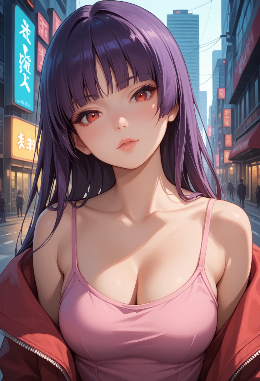 Score_9, score_8_up, score_7_up, score_6_up, source_anime, rating:general, 1girl, upper body, sabrina pokemon, purple hair, long hair, hime cut, stunning red eyes, pale skin, blush, perfect lips, sultry look, looking at viewer, pink camisole, tight shorts, medium sized breasts, exposed shoulders, cleavage, neon city background, solo, 8k quality, vivid colors, perfect shadowing, perfect lighting, cowboy shot, looking at viewer, head tilt, no jacket