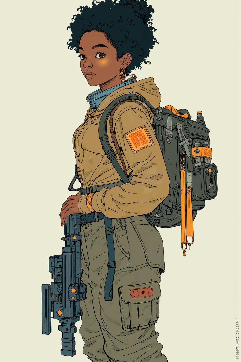   picture of a girl with a backpack and a gun,  Afrofuturism  anime, afro samurai style,   afro samurai anime style  ,  Gwydes-style work  , Sachin Ten,  Afrofuturism ,  Afrofuturism ,   afro samurai anime style  ,  