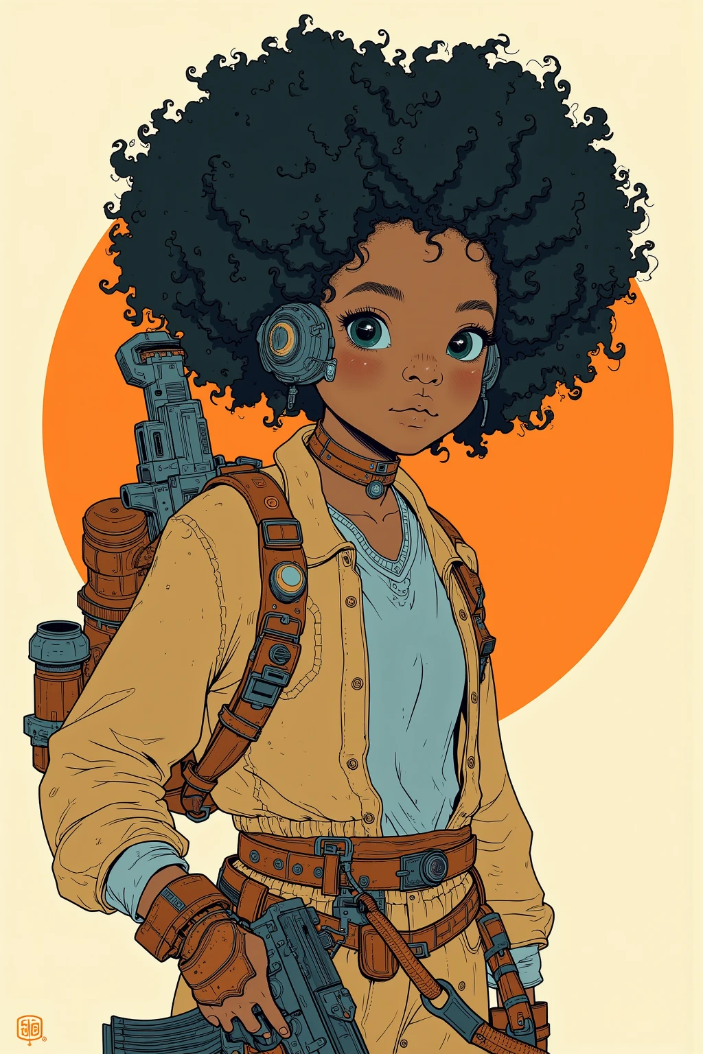   picture of a girl with a backpack and a gun,  Afrofuturism  anime, afro samurai style,   afro samurai anime style  ,  Gwydes-style work  , Sachin Ten,  Afrofuturism ,  Afrofuturism ,   afro samurai anime style  ,  