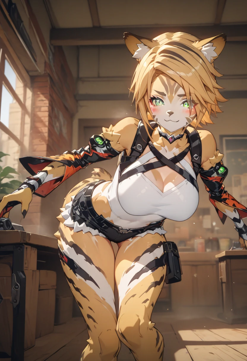 masterpiece,best quality,high resolution,8k,Ultra HD,wallpaper,illustration,perfect face,cowboy shot,beautiful detailed eyes,extremely detailed face,perfect lighting,extremely detailed CG,perfect anatomy,perfect body,perfect thick,perfect hands,perfect fingers,1woman,full body,,muscle fighter body,(blonde half up short hair),light green eyes,large breasts,medium ass,medium nipples,(white tube top),black short hot pants,furry clothed,,collarbone,,(),,Steam,sweat,in the room,(Zenless Zone Zero character Pulchra),(blonde cheetah furry female:1.1), cheetah ears,single cheetahtail from coccyx,adult,,blush face,looking forward,cameltoe,