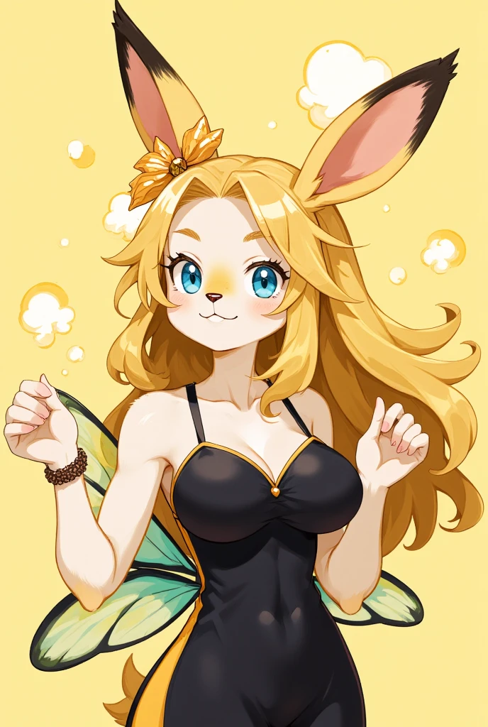 1girl, (furry girl), (anthro rabbit:1.5), cute anime style illustration, rabbit ears, rabbit tail, animal nose, breasts, blonde hair, blue eyes, long hair, wings, cleavage, large breasts, armpits, bare shoulders, insect wings, butterfly wings, hair between eyes, dress, sleeveless, sleeveless dress, bracelet, hair ornament, black dress, side slit, looking at viewer, arms up, bug, butterfly, solo, bare arms, cowboy shot, yellow theme, smile, jewelry, closed mouth