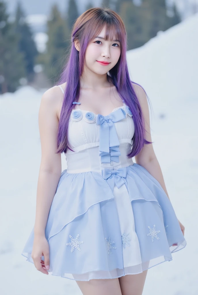 smiling, Baby face, japan girl, two-tone Hairstyle, very long hair, purple hair, medium breasts, pinkish-white shiny Skin, dress with snowflakes, snow ice, Cold weather, full body, Standing, full body