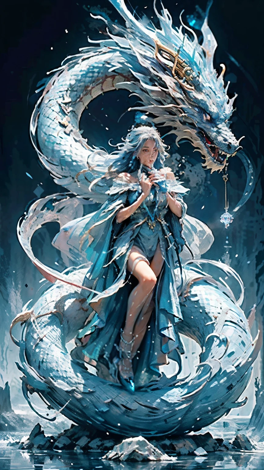(((1个Giant Breast Girl)))，royal water，magister，（laxuary dress：1.5），（Perfect facial features：1.4），（Blue silk robe），（神秘的Magic Array：1.2），(( drak))，（ Crystal scales glow，（Frost Wings），Powerful magic，Icicles，高耸于ventania景之上，Blue light cold light， ventania暴，ventania，snowflakes，Amazing result quality,tmasterpiece,超高分辨率,Detailed pubic hair,Complicated details,8K分辨率,8KUCG wallpaper,HighDynamicRange,water blue,Magic Array,movie light effect,lightand shade contrast，ray traycing、NVIDIA RTX, Detail of fingers and observer