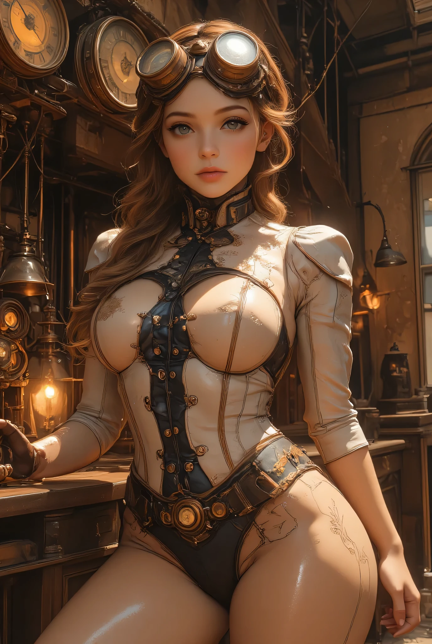 woman in steampunk world, elegant clockwork gears, brass goggles, intricate mechanical details, steampunk outfit, victorian fashion, beautiful detailed eyes, beautiful detailed lips, extremely detailed eyes and face, long eyelashes, cinematic lighting, dramatic shadows, warm tones, (highest quality,4k,8k,high resolution,masterpiece:1.2),ultra detail,(realistic,photo-realistic,photo-realistic:1.37),cinematic composition,dramatic pose,highly detailed steampunk machinery,ornate victorian architecture,shiny brass and copper accents,voluptuous,sexy,erotic,beautiful face,detailed face,perfect proportions,huge breasts,thin waist,navel,crotch gap,thighs,dynamic pose,changing pose,dynamic angles,fantasy art,beautiful art,fantasy world,