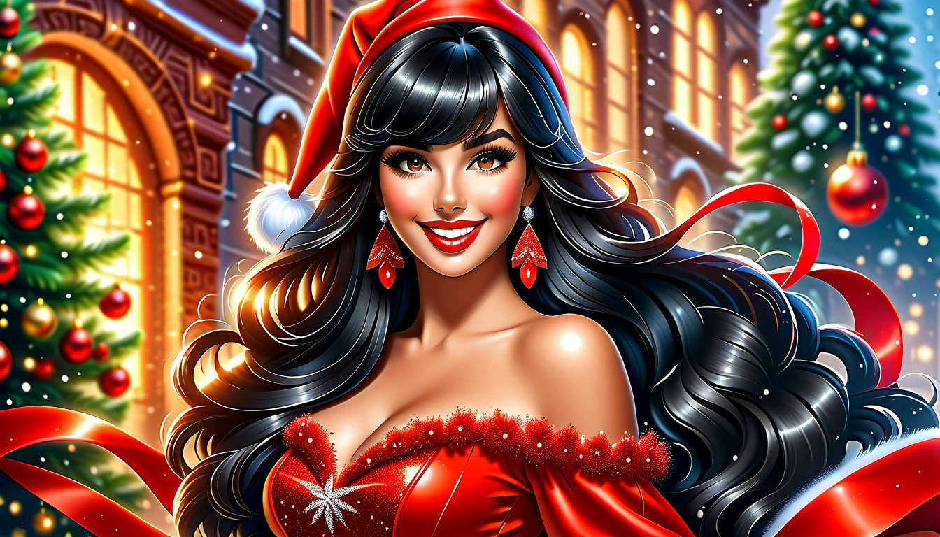 Best quality, acrylic illustration in realistic style, a brazilian beautiful woman with black straight long hair and bangs, make up, lashes, smiling, she is wearing santa claus red mini dress, belt, red leather gloves, shine pantyhose, over-the-knees black boots, your hands is on waist, in christmas decorated florest background