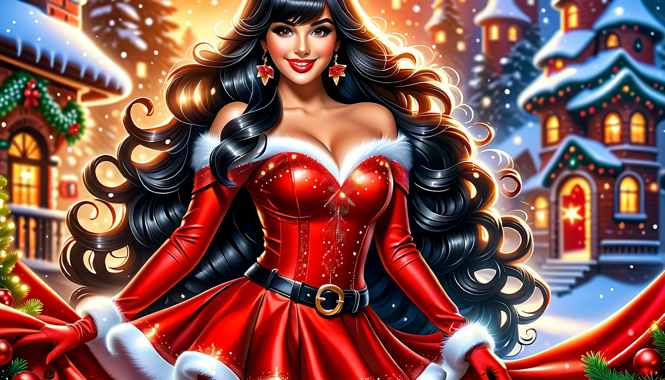 Best quality, acrylic illustration in realistic style, a brazilian beautiful woman with black straight long hair and bangs, make up, lashes, smiling, she is wearing santa claus red mini dress, belt, red leather gloves, shine pantyhose, over-the-knees black boots, your hands is on waist, in christmas decorated florest background