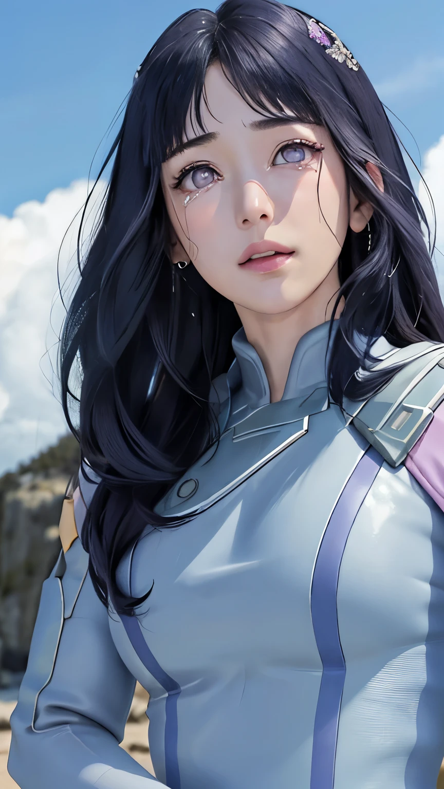 masterpiece、Hinata（bolt）、ULTRA SEVEN SUIT 、 1 Woman 、Alone、 mature beautiful woman、scenery、cloudy、 perfect composition 、  Detailsな唇、 Big Breasts、 beautiful face、Body Proportions、、（ pink lips）、 long hair、  purple eyes 、A gentle gaze、Crying face、 super real 、  Details、 photoshoot、Realistic face and body 、Realistic hair、  Real Eyes 、Realistic Nose 、Realistic lips
