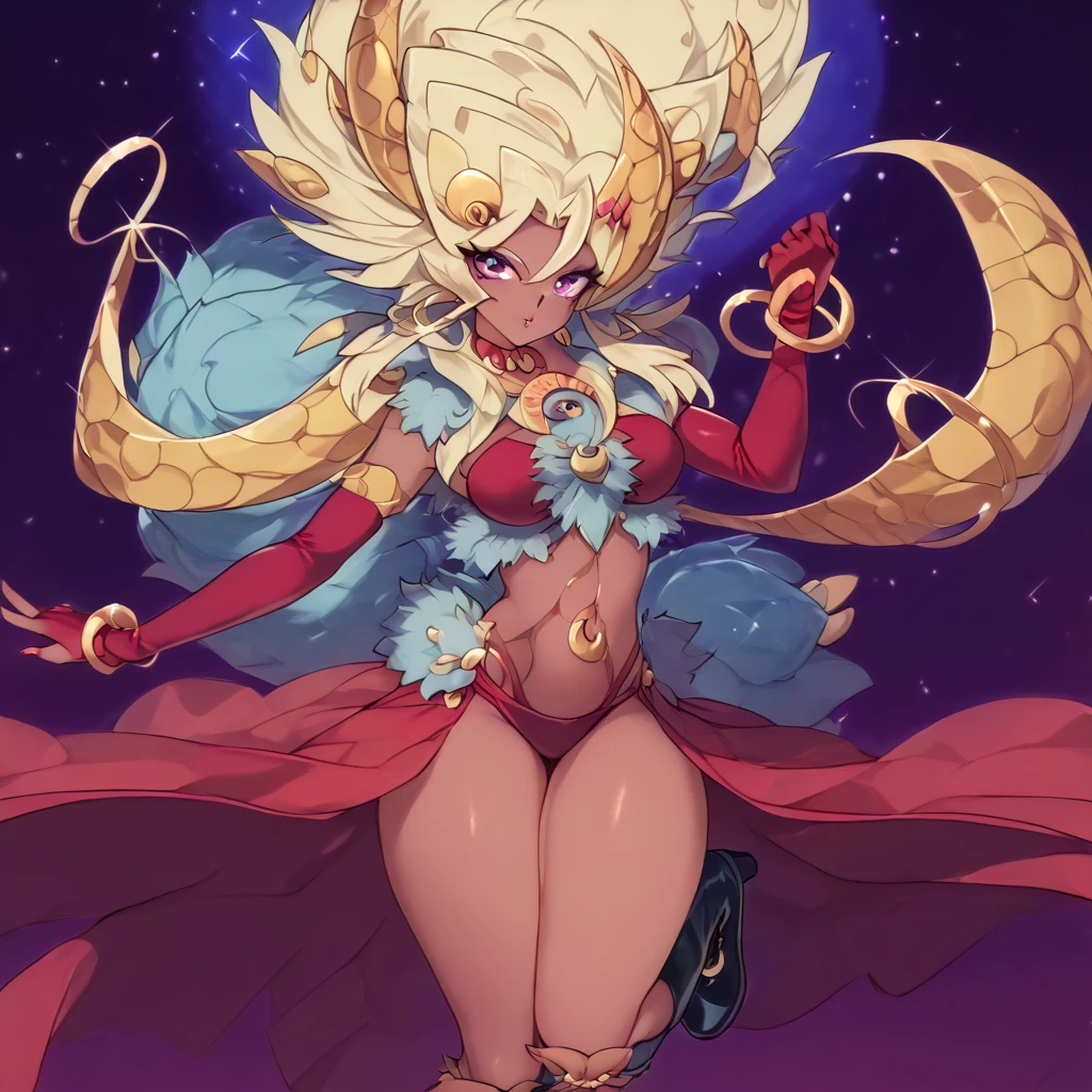 （Peacock Dance）、  1 girl,  blondes, Multicolored Hair,   hair ornament ,   revealing clothes,   belly dancer costume ,   fur trim, Red gloves,  elbow gloves ,   Gold Decor,（Moonlit Night、moonlight）、Stiletto heels、 thigh high boots、 platform boots、barbed collar