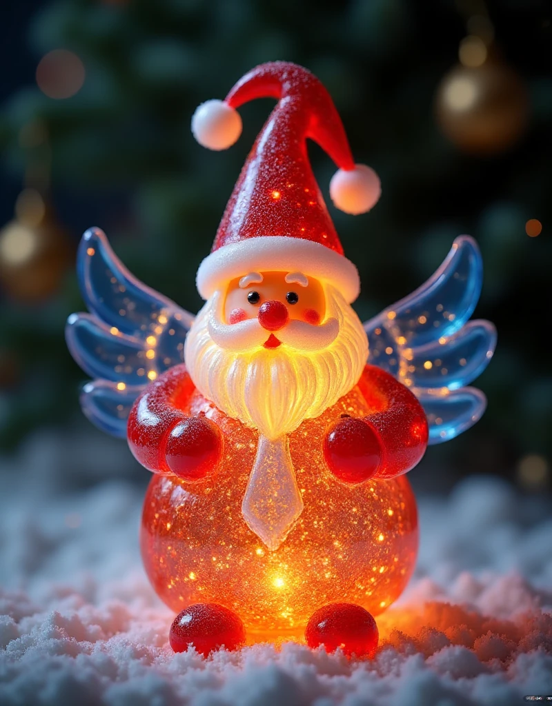   The Christmas decorations are beautiful ， shaped like a bird with blue wings,  Wear a white tie ,  Santa hat , flash, Beautifully crafted ,  Design work  , Eight thousand,  The masterpiece failed ,   better quality ,  Complex ,  brightly colored ,  rich color  ,   Describe in as much detail as possible  , 