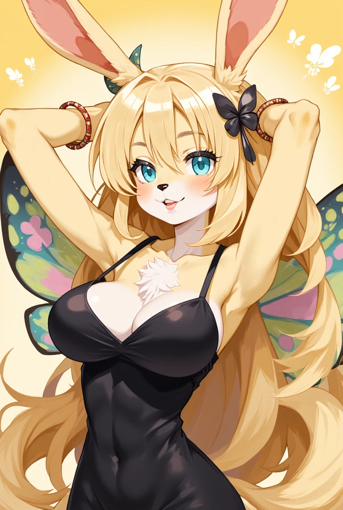 1girl, (furry girl, anthro rabbit:1.5), cute anime style illustration, rabbit ears, rabbit tail, animal nose, breasts, blonde hair, blue eyes, long hair, wings, cleavage, large breasts, armpits, bare shoulders, insect wings, butterfly wings, hair between eyes, dress, sleeveless, sleeveless dress, bracelet, hair ornament, black dress, side slit, looking at viewer, arms up, bug, butterfly, solo, bare arms, cowboy shot, yellow theme, smile, jewelry, closed mouth