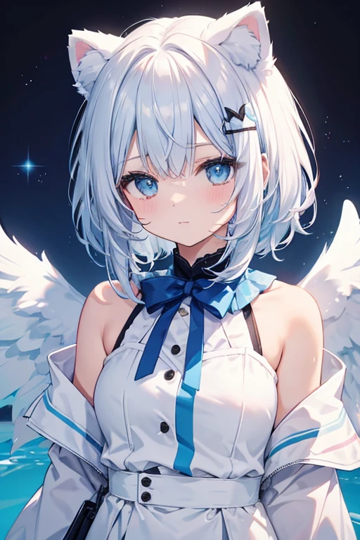 2d, masterpiece, best quality, anime, 1girl, solo, dynamic pose, cowboy shot, (amemiya nazuna), angel, mini wings, single wing, white hair, heterochromia, blue eyes, pink eyes, frills, white shirt, navel, black shorts, short shorts, thigh strap, halo, smile, white beret, heaven, clouds