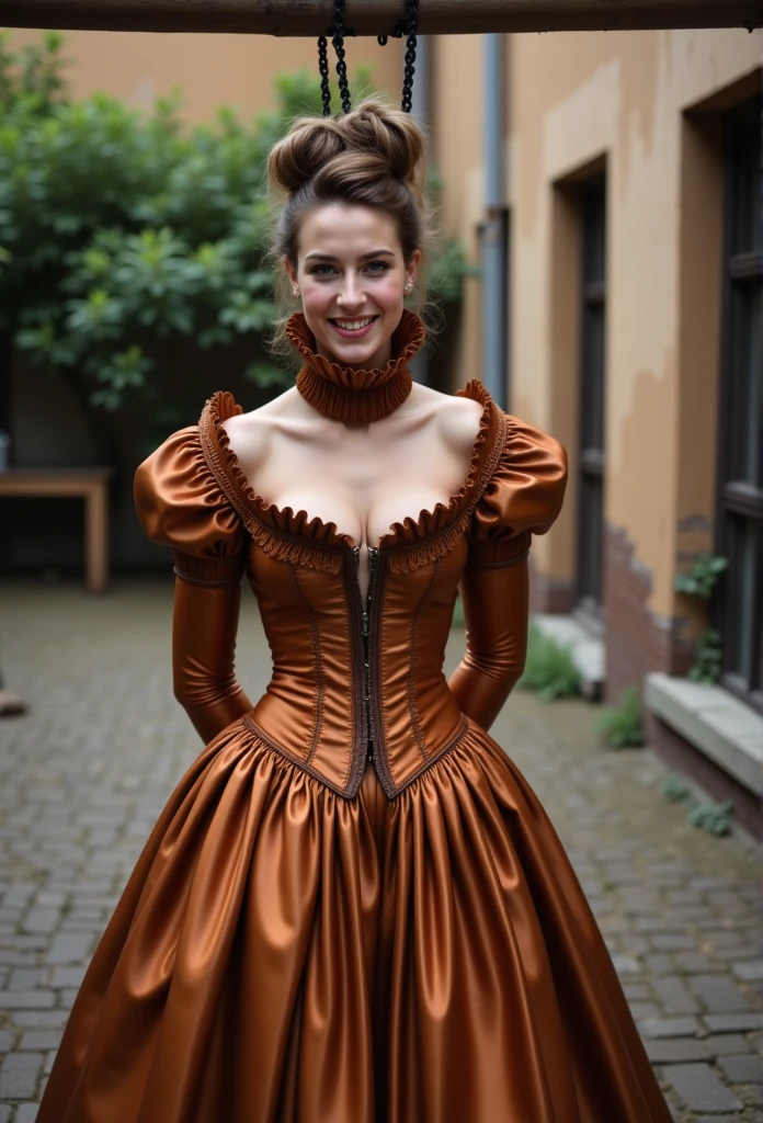 (realistic photograph close up cheerful victorian), (a big bust slender pleased beautiful (having an orgasm) looking lady with (messy hair bun)), (she is wearing (a elaborate shiny high neck dress with (long extremely big puff sleeves), (and a narrow very high reaching up to her cheeks stand-up collar) (with a gigantic ruffle on top of the collar reaching to the top of her head), (and a huge skirt), (she has her hands behind her back)++++, (two other happy females are hanging her), (on a wooden beam gallows in a courtyard)