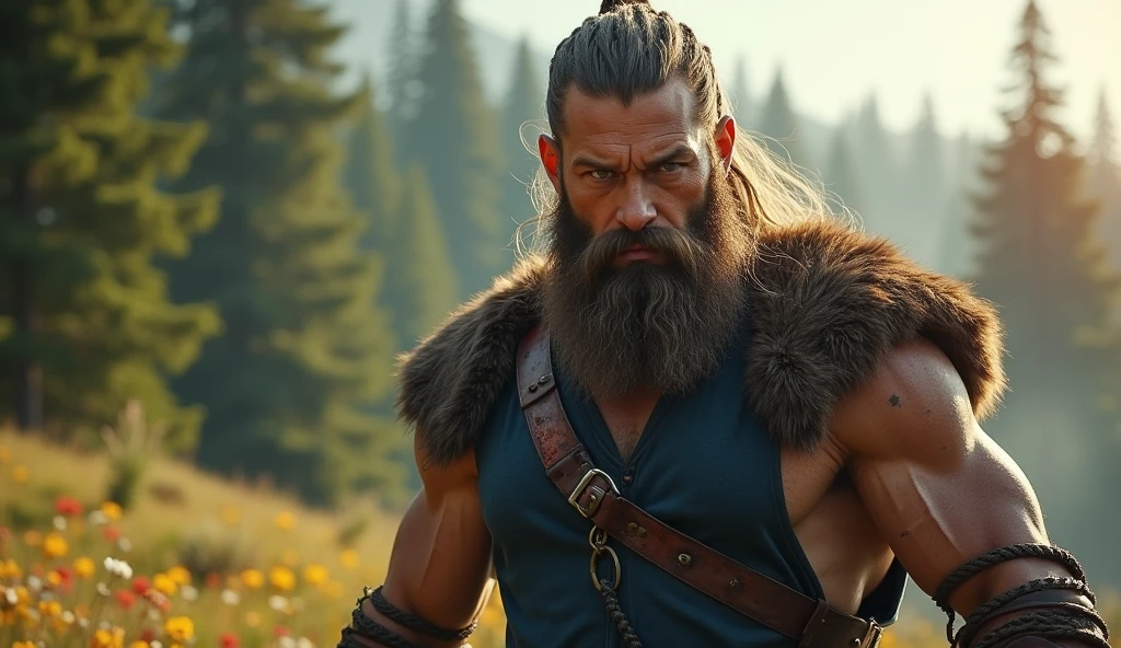 the best quality, very high resolution, detailed 4K CG, Masterpiece artwork, augur, Nordic Deuses, handsome man holding viking musical instrument plus a wolf, rune tattoos, viking, Celtic mountains, blue sky, Norse mythology, viking rune tattoo, beautiful aesthetic, Beautiful picture, There are beautiful mountains with green grass in the back